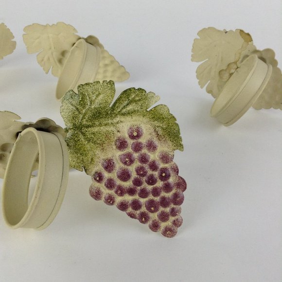 Set of Six Metal Grape Cluster Napkin Rings Purple Grapes Green Leaves - Picture 8 of 8